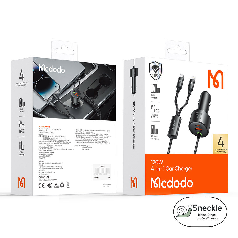 Autoladegerät Mit Federkabel (USB-C & iPhone) und 2 Ports (USB-A, USB-C) – 120W Schnellladung