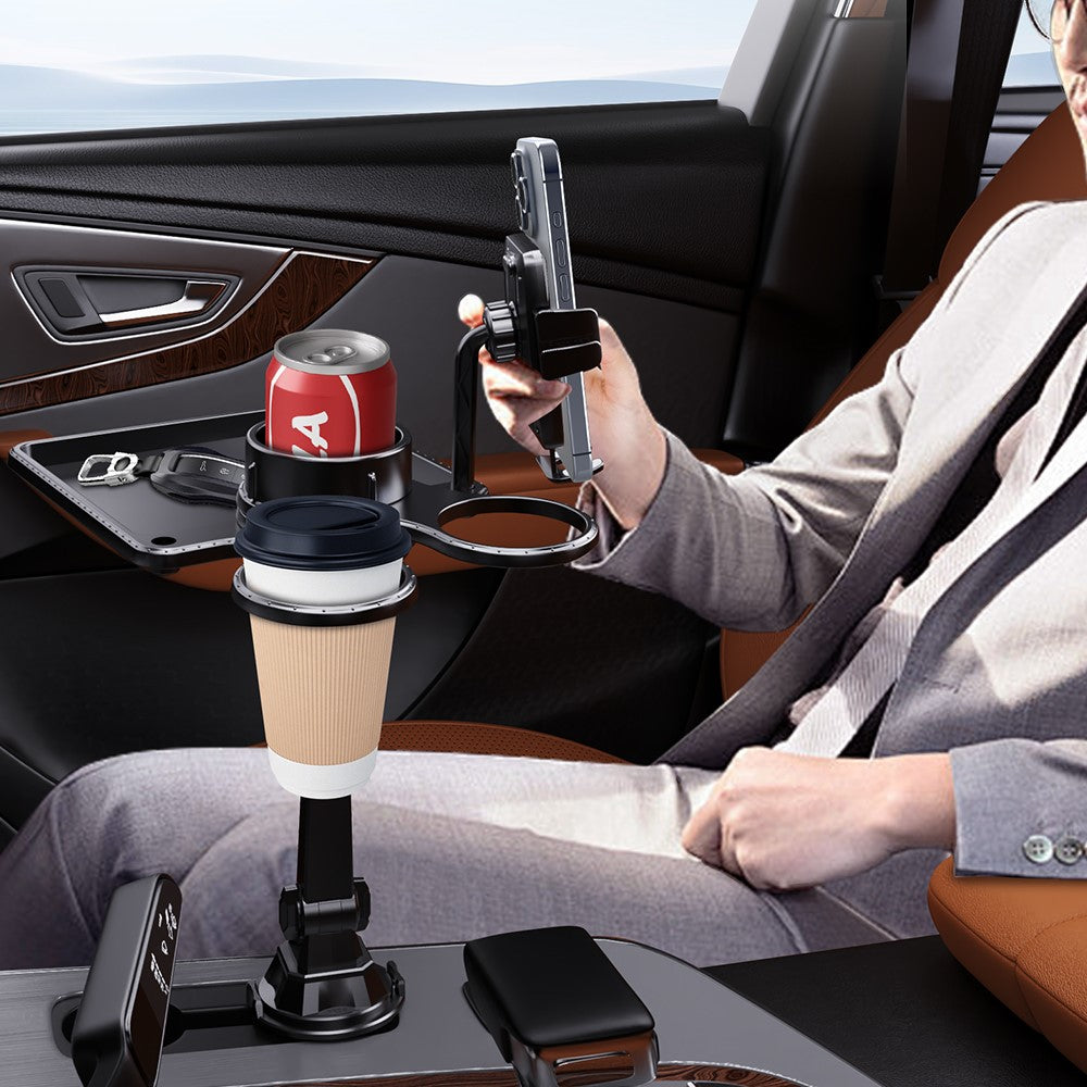 Auto-Handyhalterung als Getränkehalter – Multifunktional & mit integriertem Tablett und zwei drehbaren Haltern