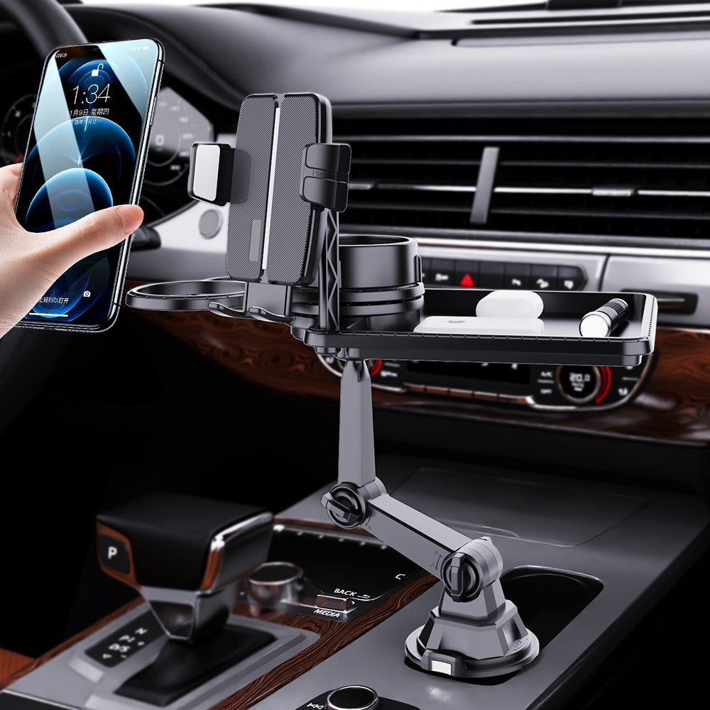 Auto-Handyhalterung als Getränkehalter – Multifunktional & mit integriertem Tablett und zwei drehbaren Haltern