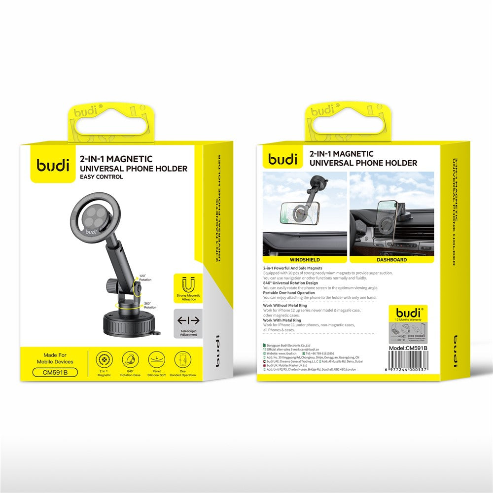 BUDI CM591B Magnetische Auto-Handyhalterung – Verstellbar, 360° drehbar & mit Saugnapfbasis