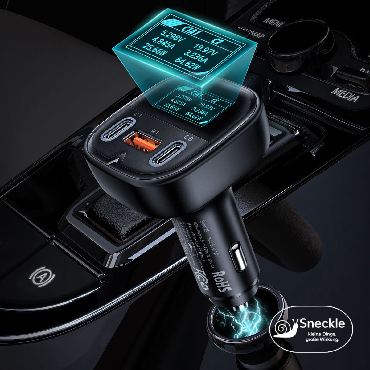 Autoladegerät – 101W Schnellladung – 2×USB-C & 1×USB-A – OLED-Display