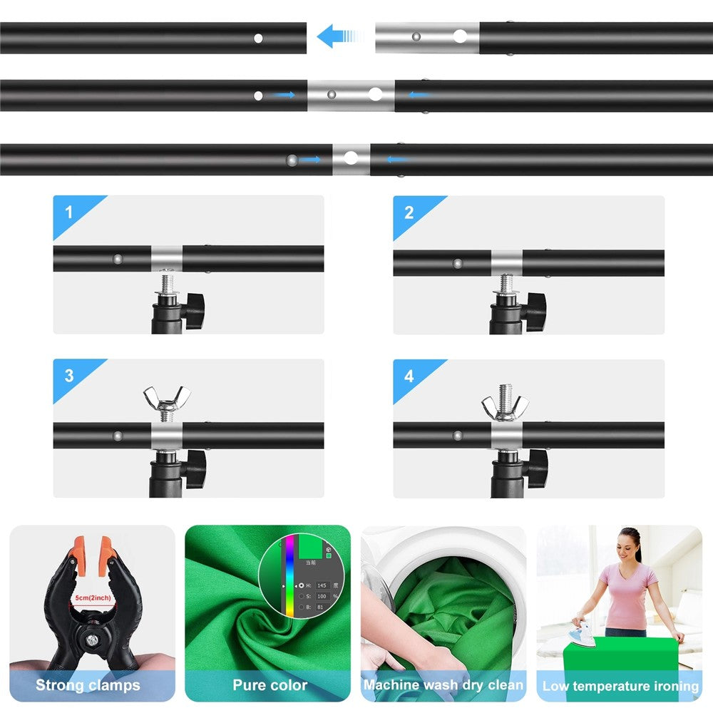 PULUZ PU5204G Green Screen Hintergrund – 1 x 2 m, aus Baumwollmischgewebe, verdickt, mit T-förmigem Stativ & 3 Klemmen, für Fotostudios