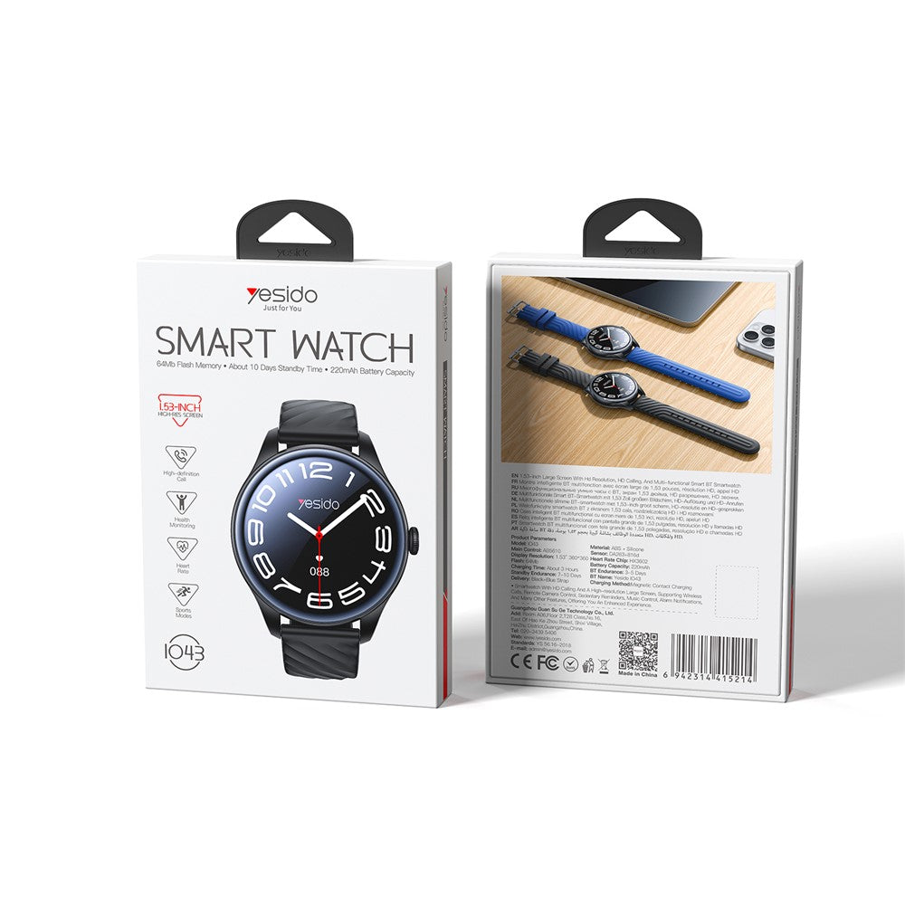 YESIDO IO43 Smartwatch – 1,53-Zoll-HD-Display, Gesundheitstracker mit Herzfrequenzmesser, Anruffunktion & Musiksteuerung