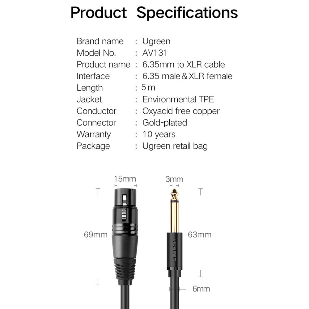UGREEN XLR-Audiokabel – 5m, für Lautsprecher, Mischpulte & Verstärker, 6,35mm TRS auf Cannon