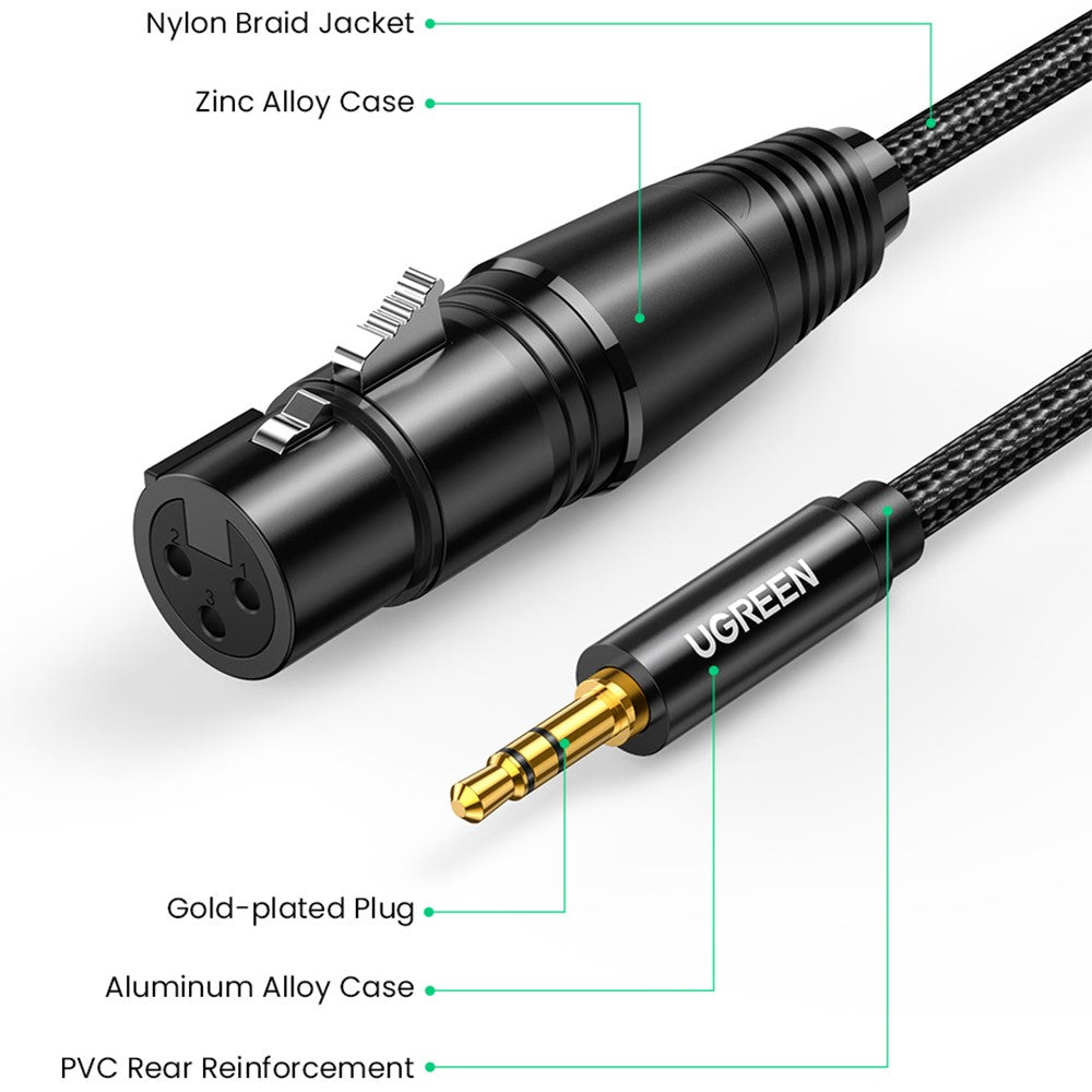 UGREEN Audiokabel – 2 m, nylonummantelt, mit 3,5-mm-Klinkenstecker auf 3-polige XLR-Buchse, für Mikrofone, Lautsprecher, Mischpulte & Verstärker