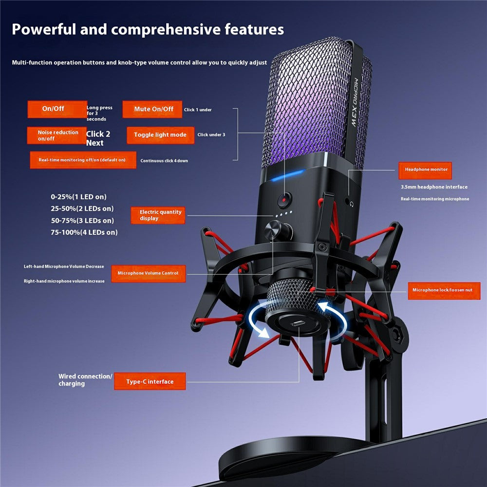 YANMAI X3W Dual-Modus-Mikrofon – kabellos & kabelgebund, mit Rauschunterdrückung, RGB, für Gaming