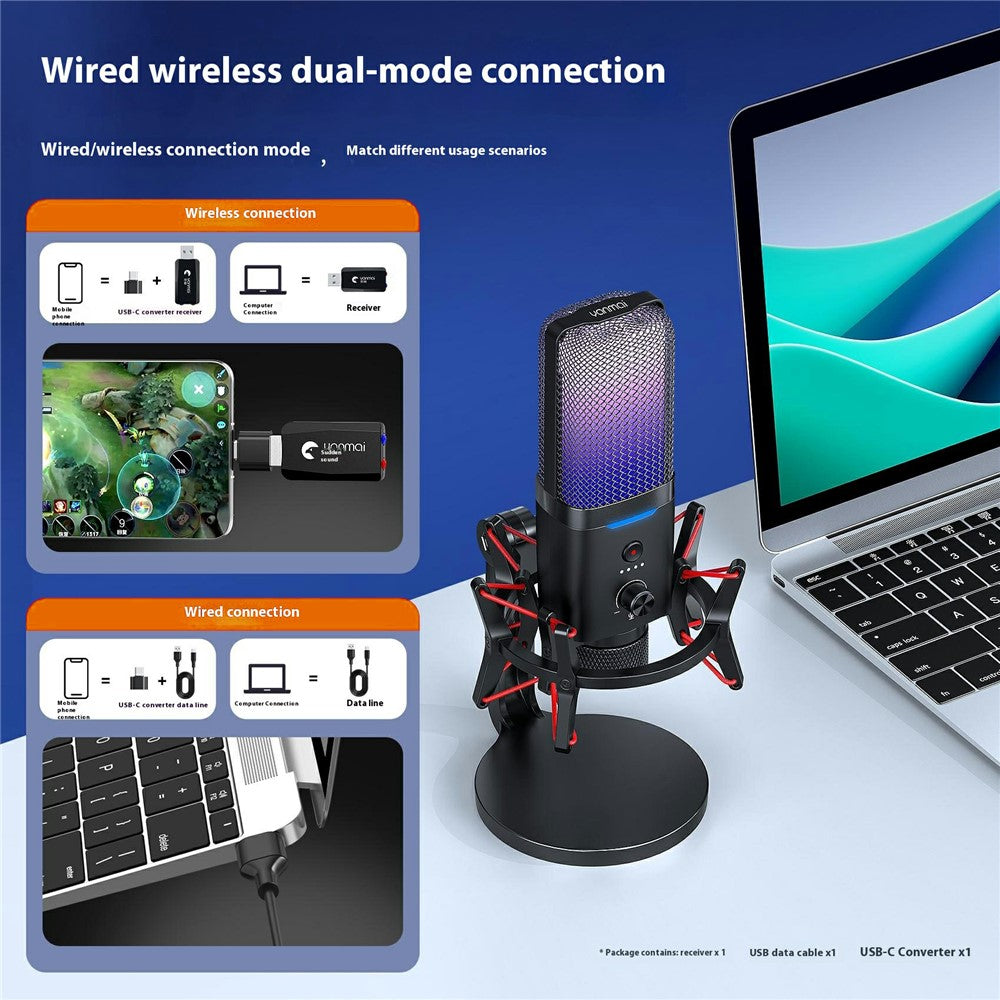 YANMAI X3W Dual-Modus-Mikrofon – kabellos & kabelgebund, mit Rauschunterdrückung, RGB, für Gaming