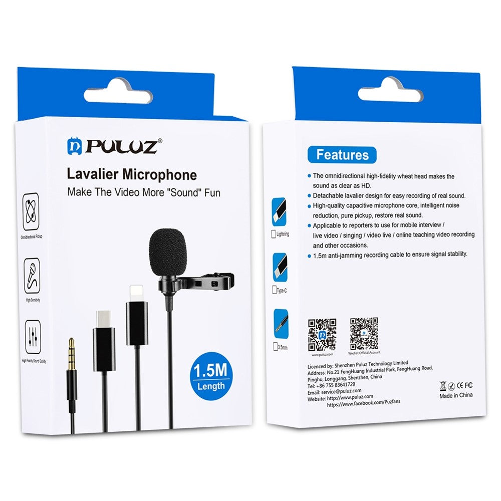 PULUZ PU424 Lavalier-Mikrofon – 1,5 m, 3,5 mm, omnidirektional, für Handys