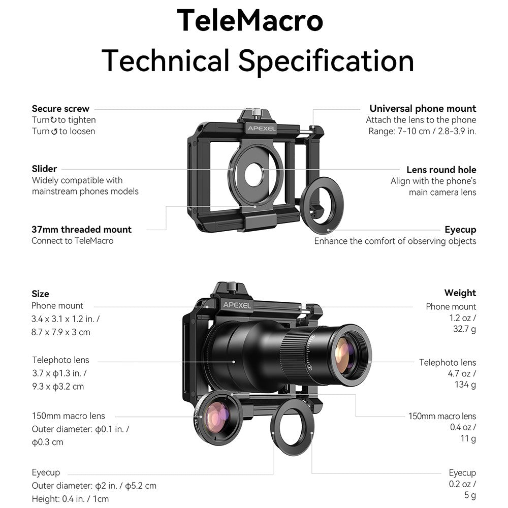 APEXEL APL-TM6 2-in-1 Tele-Makro-Objektiv – 6-fach vergrößerndes Teleskop für Smartphones