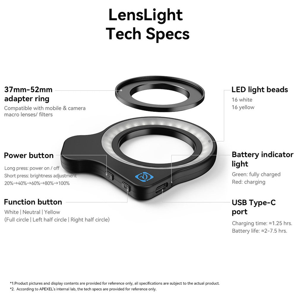 APEXEL APL-FL26 Makro-Aufhellleuchte – Für Handys zur Schmuckfotografie, mit 37-52-mm-Adapterring