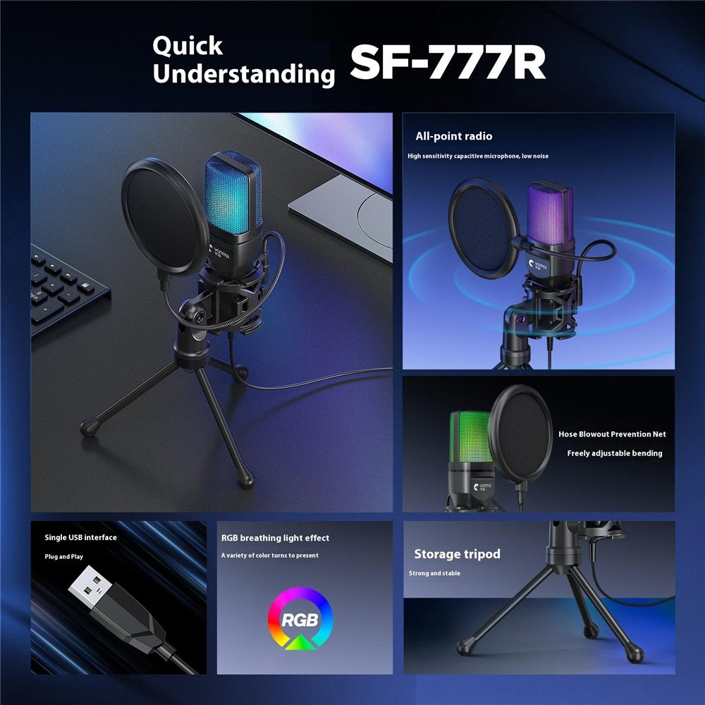 YANMAI SF-777R USB-Kondensator-Mikrofon – Mit RGB-Beleuchtung, für Computer-Gaming
