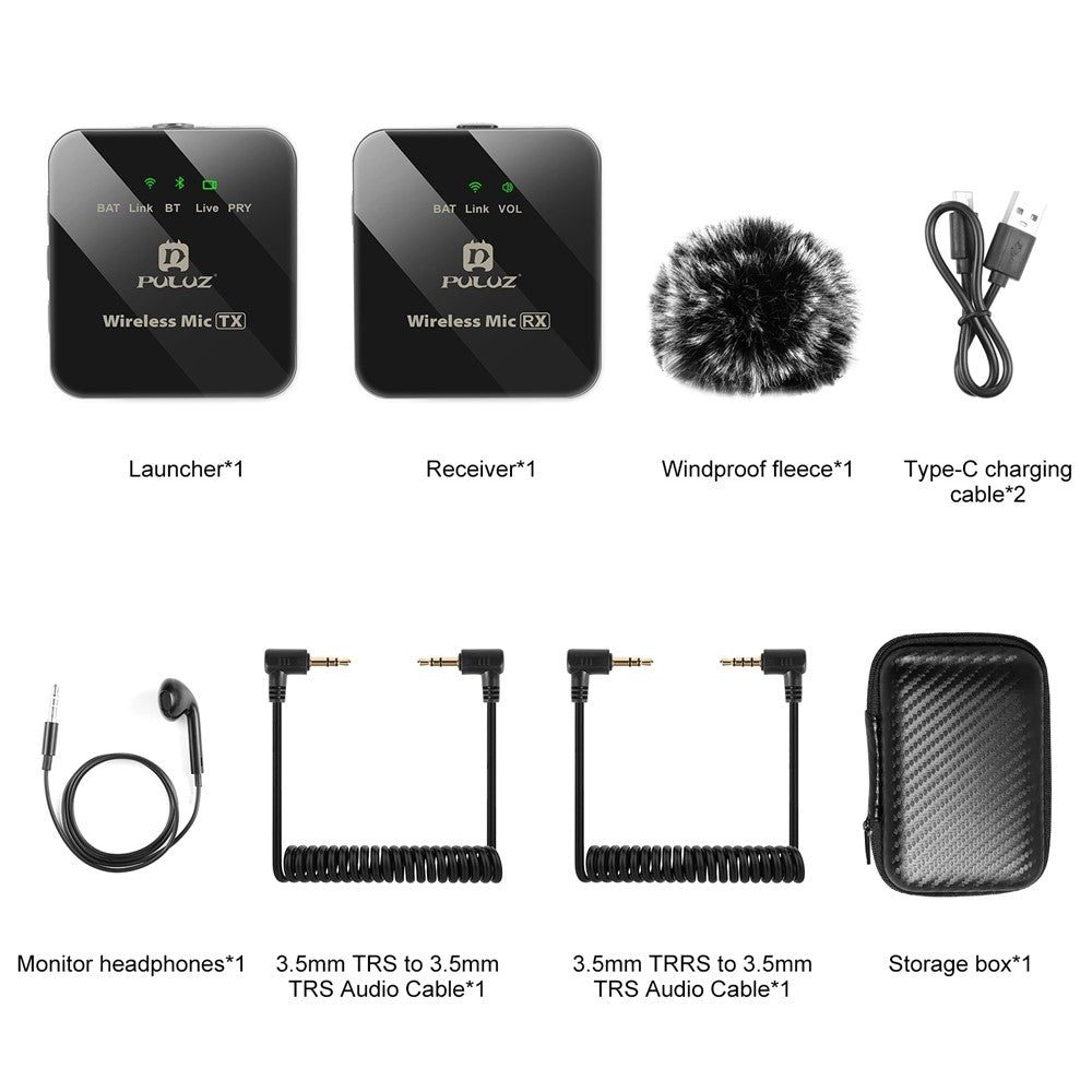 PULUZ PU3153B Drahtloses Lavalier-Mikrofonsystem – Mit Echtzeit-Monitoring, für Vlogs, Live-Streaming & Interviews, 1 Sender & 1 Empfänger