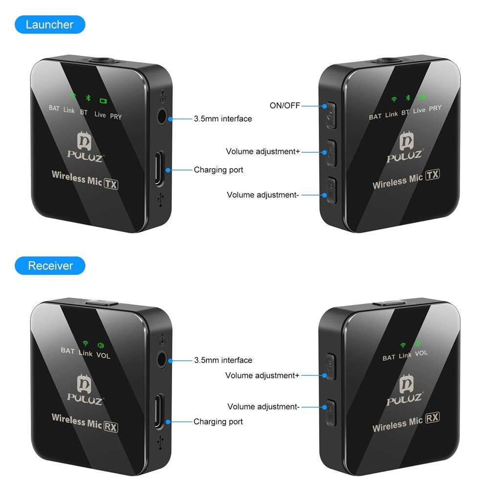 PULUZ PU3154B Drahtloses Lavalier-Mikrofonsystem – Mit Echtzeit-Monitoring, für Vlogs, Live-Streaming & Interviews, 2 Sender & 1 Empfänger