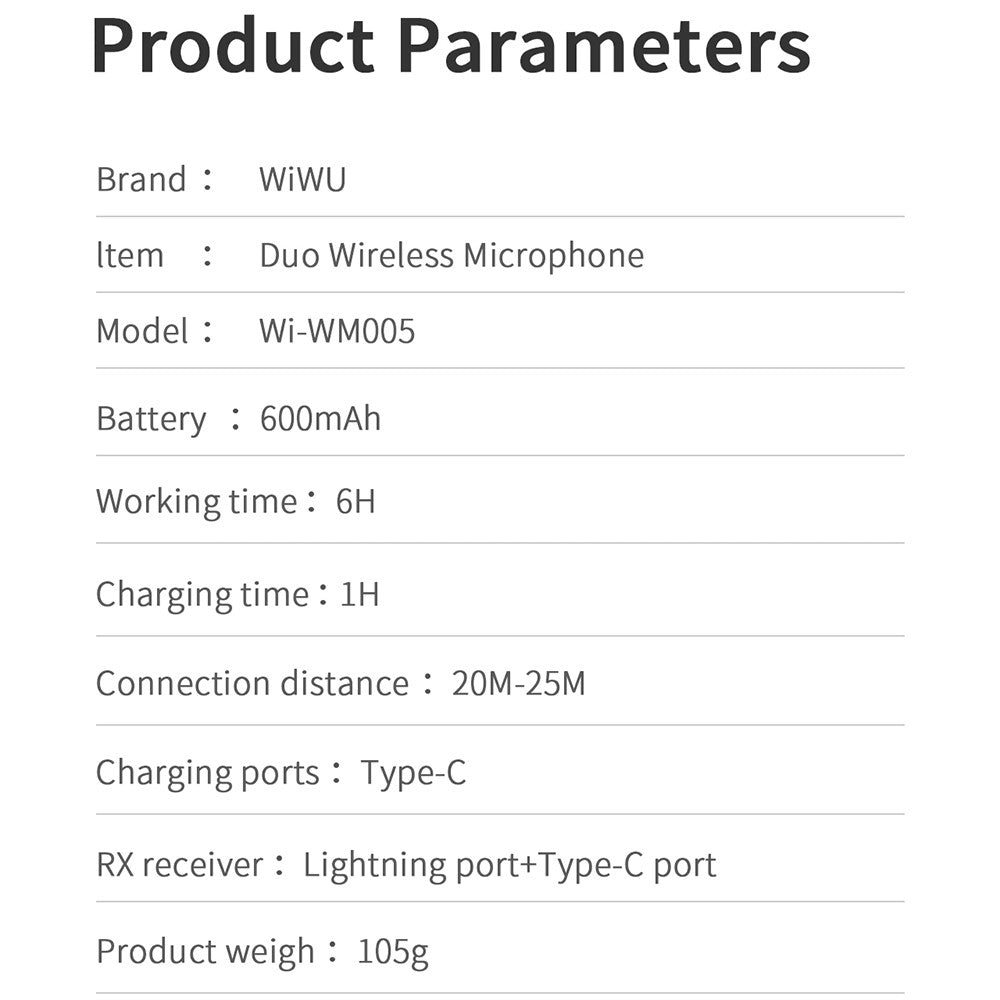 WIWU Wi-WM005 Drahtloses Lavalier-Mikrofon – Bluetooth-fähig, mit Rauschunterdrückung, IP- & Typ-C-2-in-1-Empfänger
