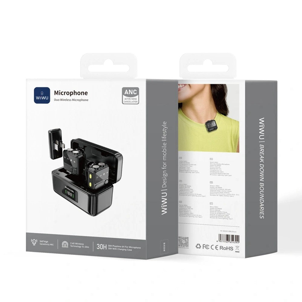 WIWU Wi-WM005 Drahtloses Lavalier-Mikrofon – Bluetooth-fähig, mit Rauschunterdrückung, IP- & Typ-C-2-in-1-Empfänger