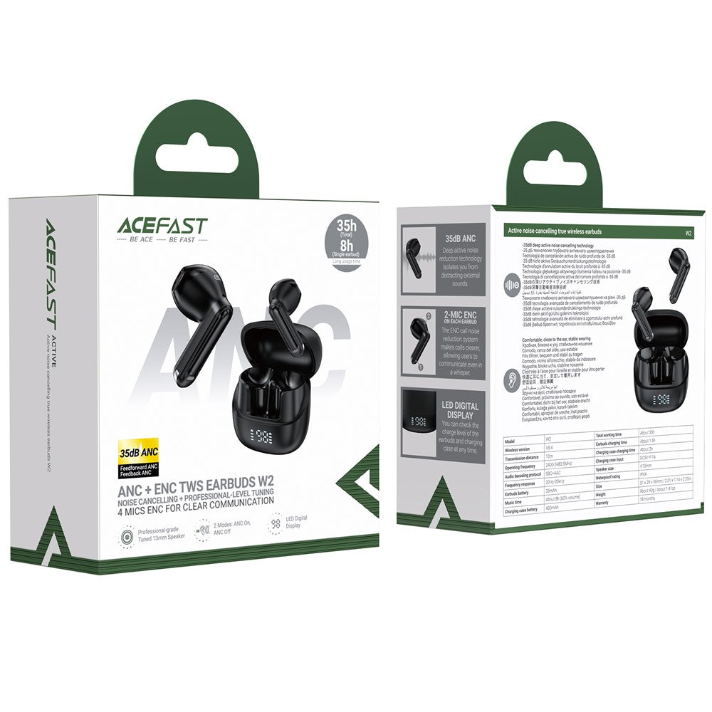 ACEFAST W2 TWS Kabelloser In-Ear Kopfhörer – Bluetooth-kompatibel, mit aktiver Geräuschunterdrückung, LED-Display & Ladecase