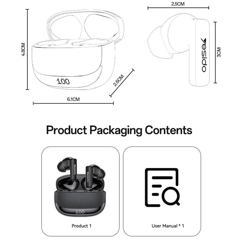 YESIDO TWS40 Kabelloser In-Ear Kopfhörer – Bluetooth-kompatibel, mit ANC+ENC-Geräuschunterdrückung, NTC-Temperaturregelung