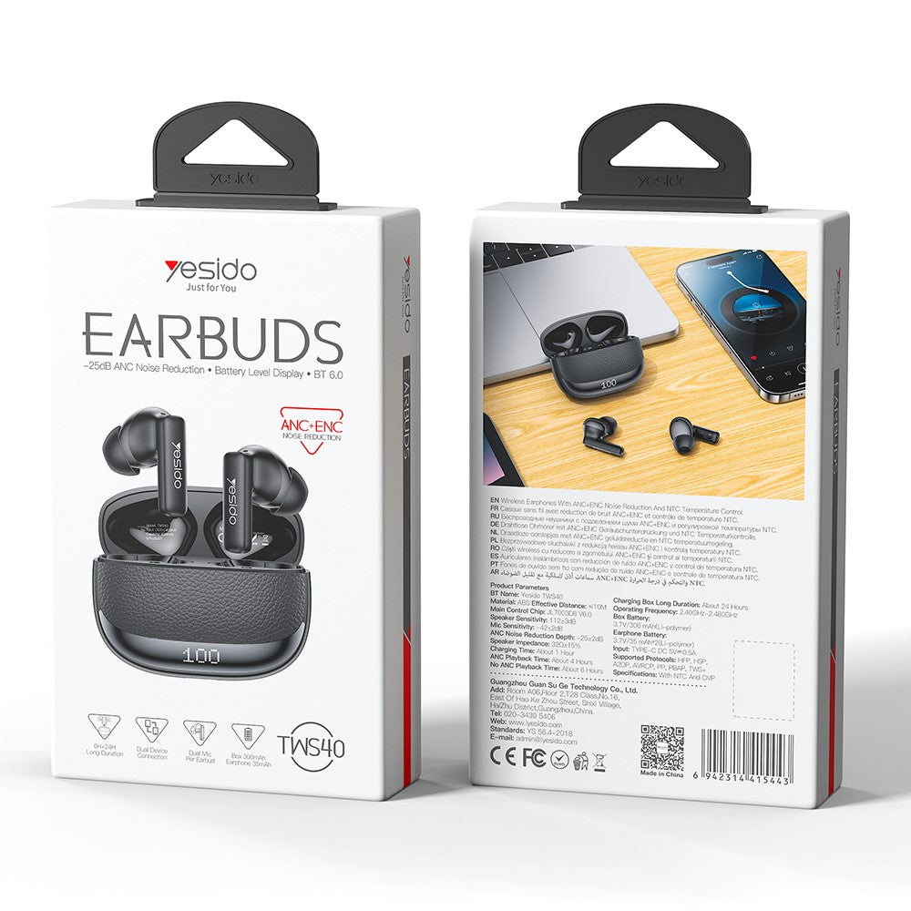 YESIDO TWS40 Kabelloser In-Ear Kopfhörer – Bluetooth-kompatibel, mit ANC+ENC-Geräuschunterdrückung, NTC-Temperaturregelung
