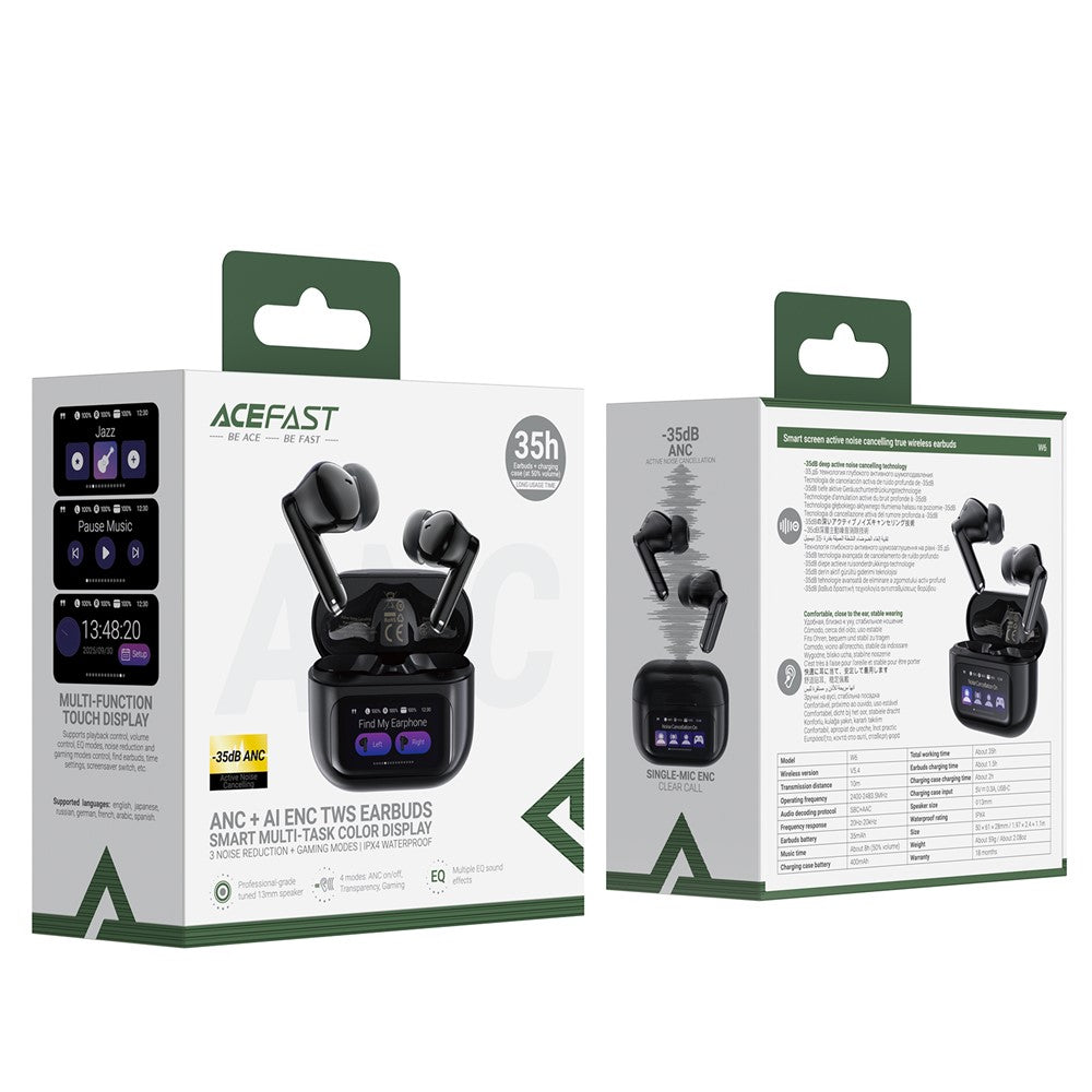 ACEFAST W6 TWS Kabelloser In-Ear Kopfhörer – Mit ANC + ENC Geräuschunterdrückung & Smart-Screen-Display