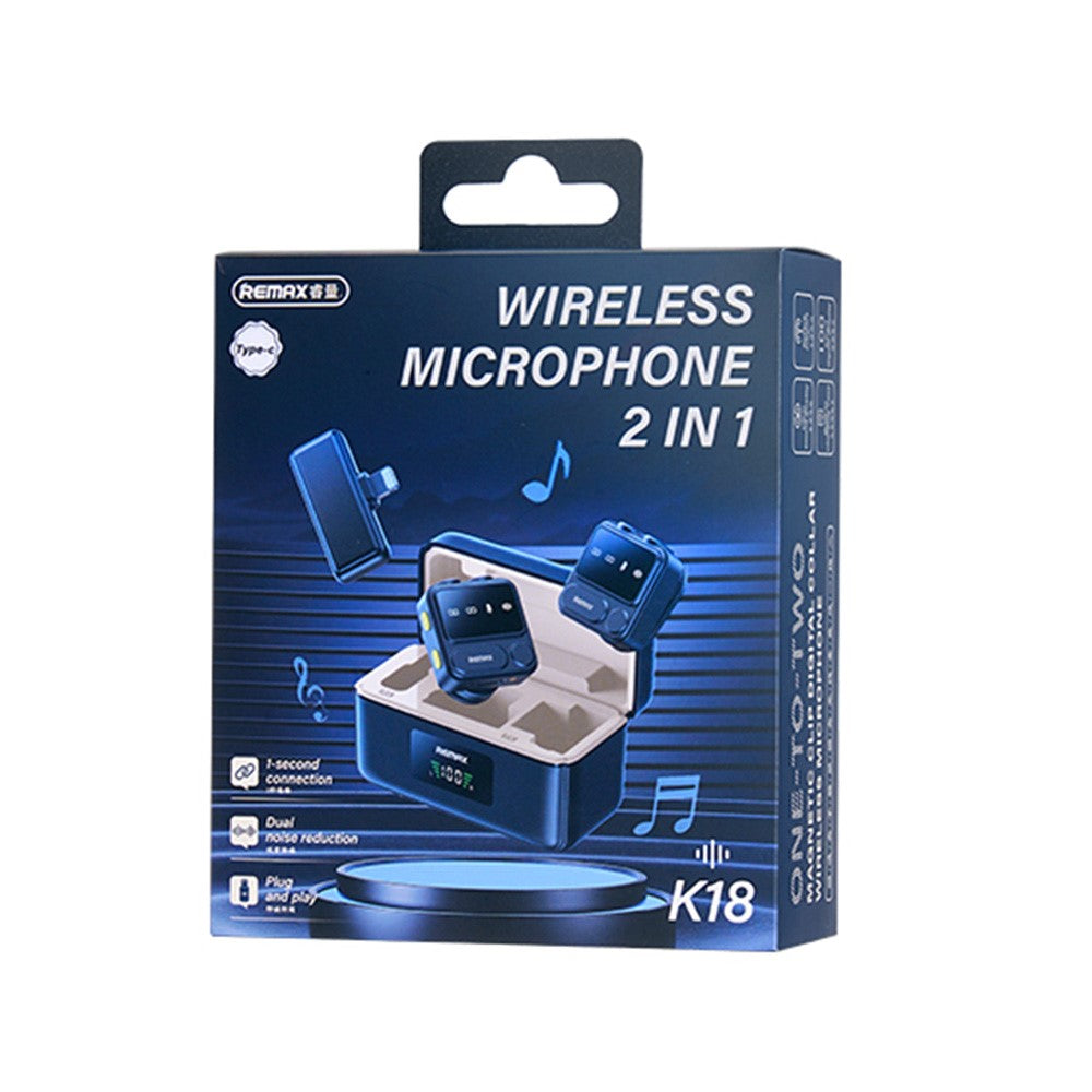 REMAX K18 Drahtloses Lavalier-Mikrofon-Set – Mit Magnetclip & Digitalanzeige, 1-zu-2-Mikrofon