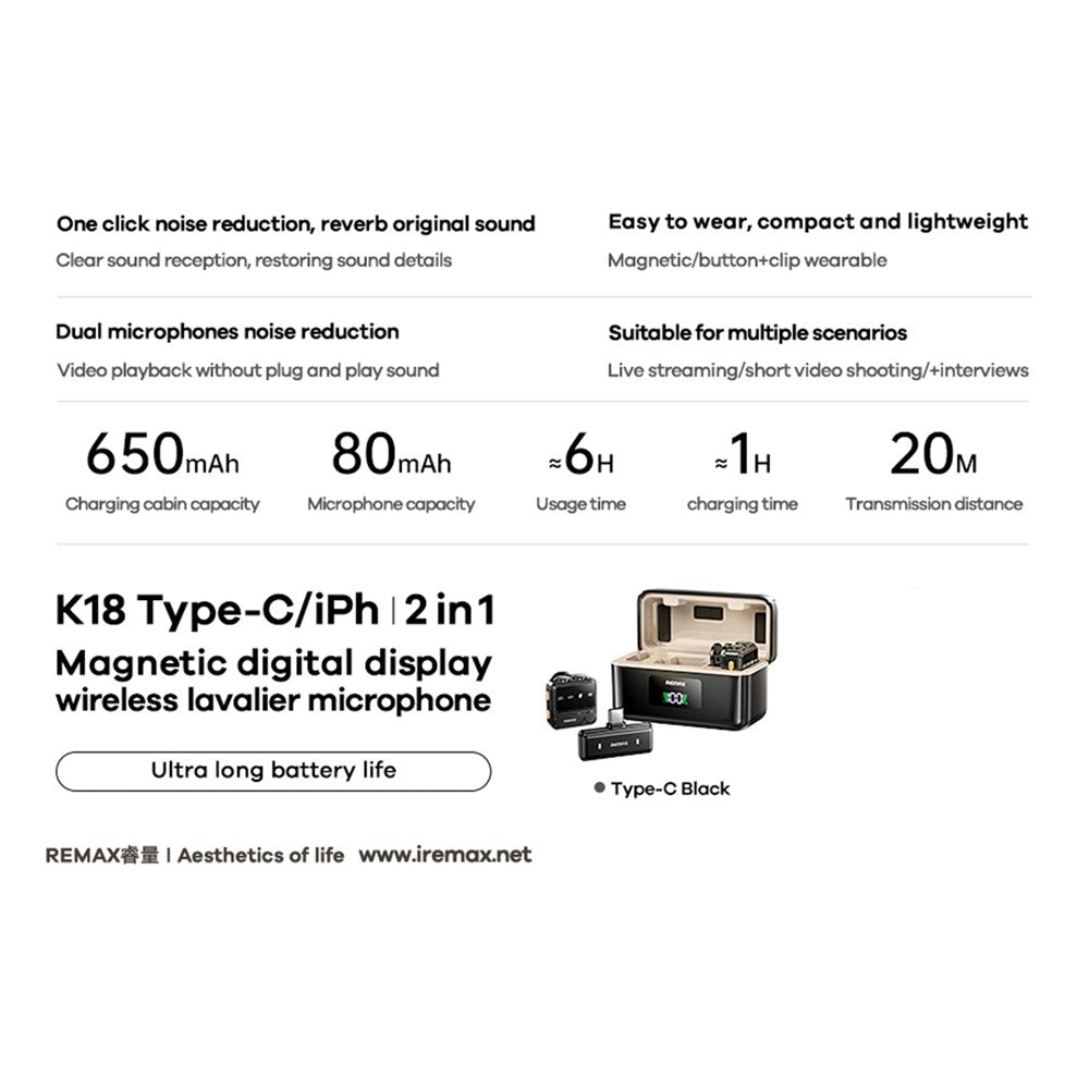 REMAX K18 Drahtloses Lavalier-Mikrofon-Set – Mit Magnetclip & Digitalanzeige, 1-zu-2-Mikrofon
