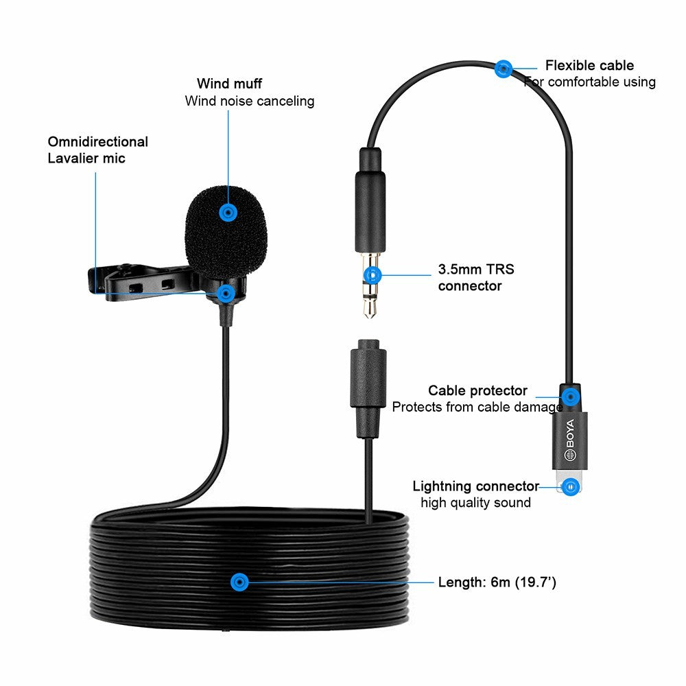 BOYA BY-M2 Lavalier-Kondensatormikrofon – 3,5-mm-TRS-Kabel, omnidirektional, abnehmbarer Mikrofonkopf, für iOS-Smartphones