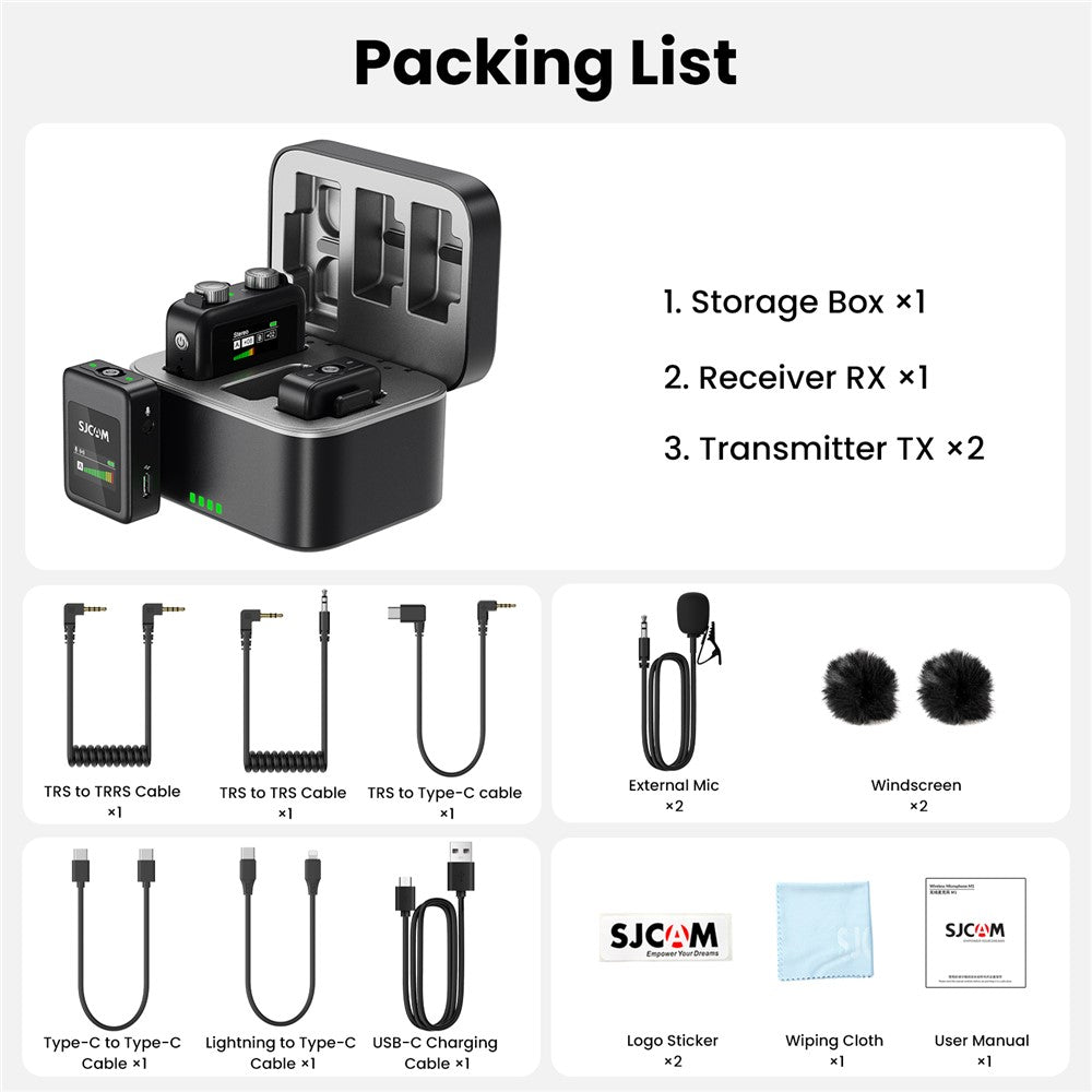 SJCAM M1 Drahtloses Lavalier-Mikrofon – 1 Sender & 2 Empfänger, mit Ladecase