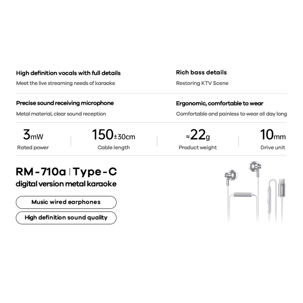REMAX RM-710a In-Ear Kopfhörer – USB-C-Anschluss, Metallgehäuse & Mikrofon