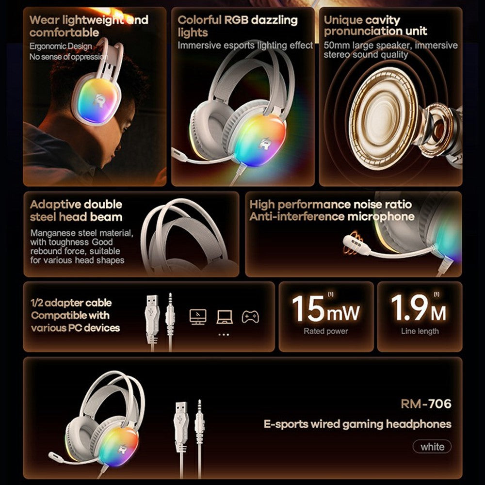 REMAX RM-706 Over-Ear Kopfhörer – Gaming-Headset, mit Mikrofon & farbenfroher RGB-Beleuchtung