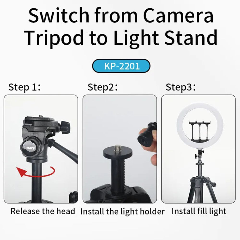 JMARY KP-2201 Stativ – Für Live-Fotografie, 1,7 m, verstellbar, mit Handyhalterung, für Handy, Leuchte & Kamera