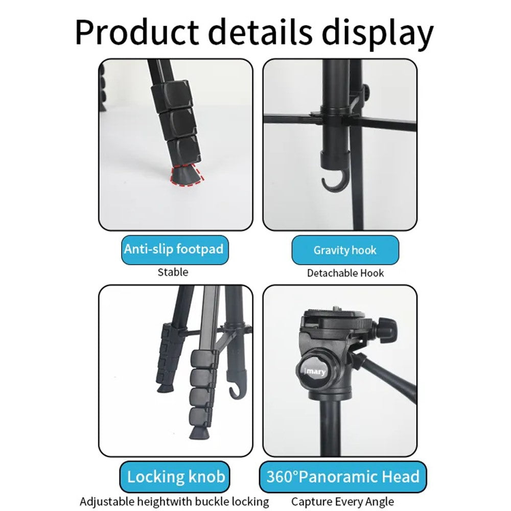 JMARY KP-2201 Stativ – Für Live-Fotografie, 1,7 m, verstellbar, mit Handyhalterung, für Handy, Leuchte & Kamera