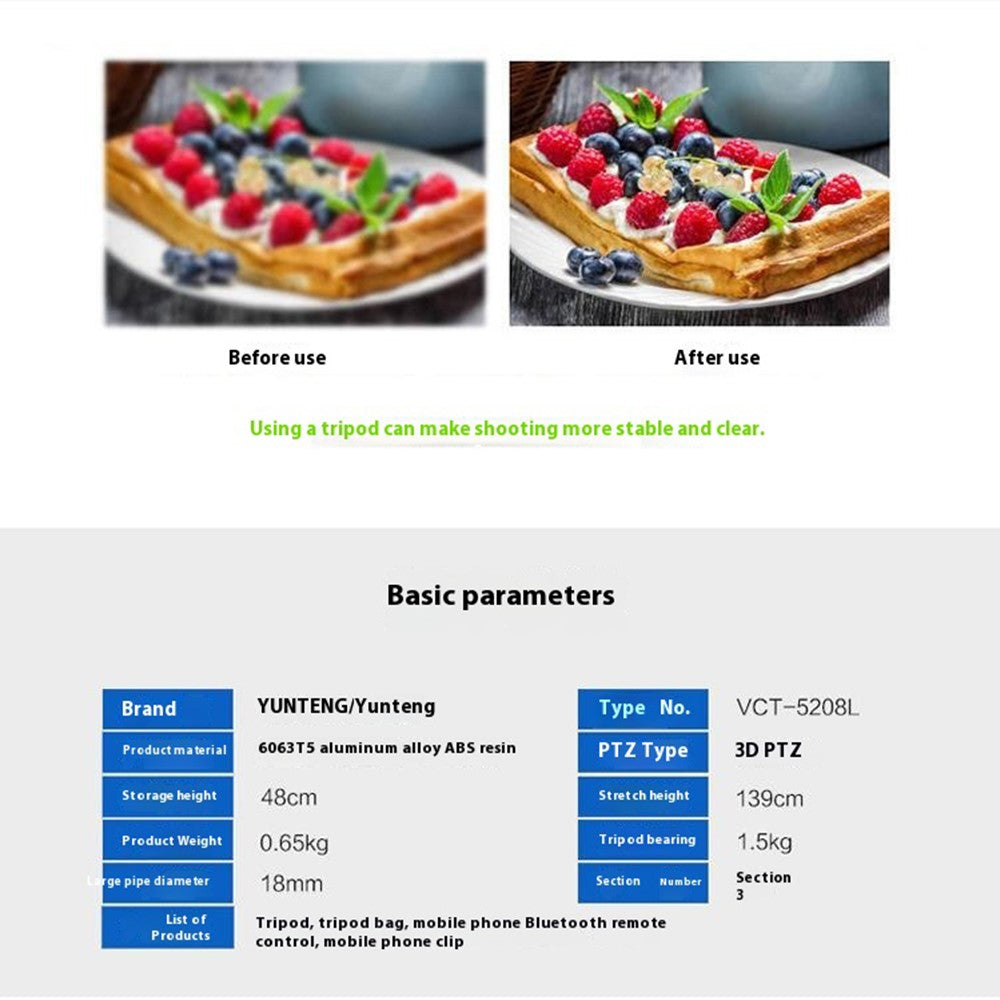 YUNTENG VCT-5208L Stativ – Mit Bluetooth-kompatibler Fernbedienung, für Handys & Kameras
