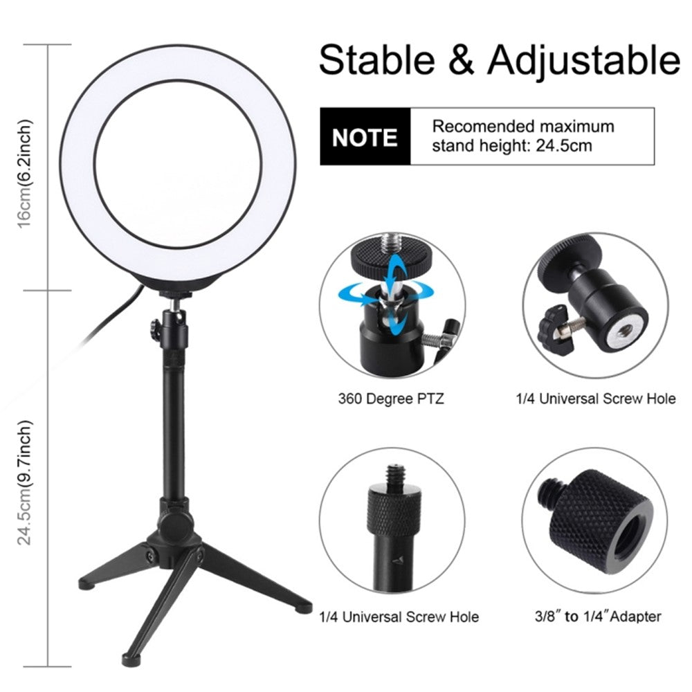 PULUZ LED-Ringleuchte mit Stativhalterung – 6,2-Zoll, mit 3 Modi, dimmbar, für Vlogging & Fotografie
