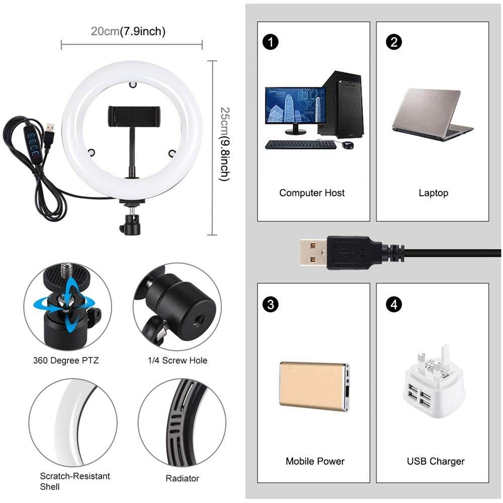 PULUZ PU502 LED-Ringlicht – 7,9-Zoll, mit USB-Anschluss, 3 Modi, dimmbar, Dual-Farbtemperatur, gebogener Form, Spiegel für Selfies & Videos