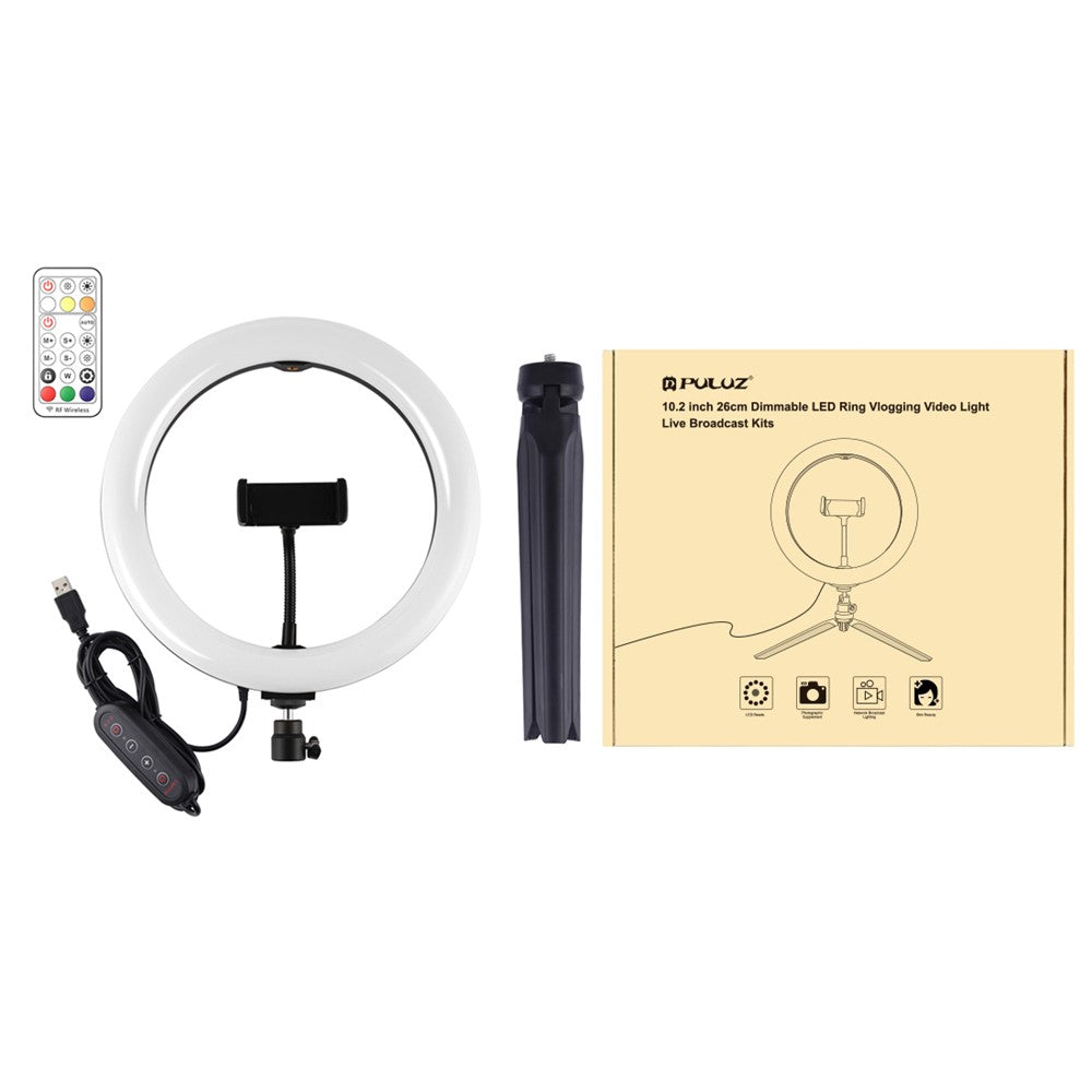 PULUZ LED-Ringlicht – 10-Zoll, mit RGBWW-Beleuchtung + Tischstativhalterung, 168 LEDs, zweifarbig, dimmbar, mit Stativ, Fernbedienung & Smartphone-Halterung
