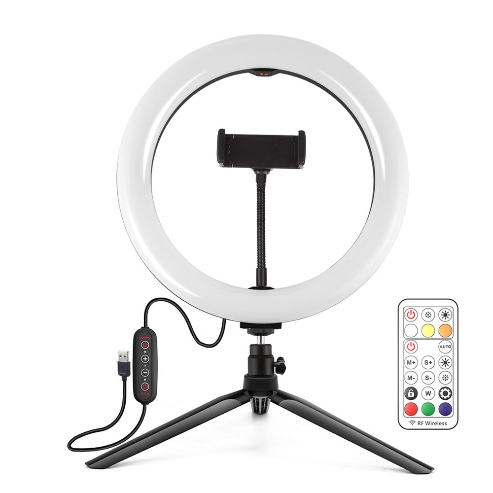PULUZ LED-Ringlicht – 10-Zoll, mit RGBWW-Beleuchtung + Tischstativhalterung, 168 LEDs, zweifarbig, dimmbar, mit Stativ, Fernbedienung & Smartphone-Halterung