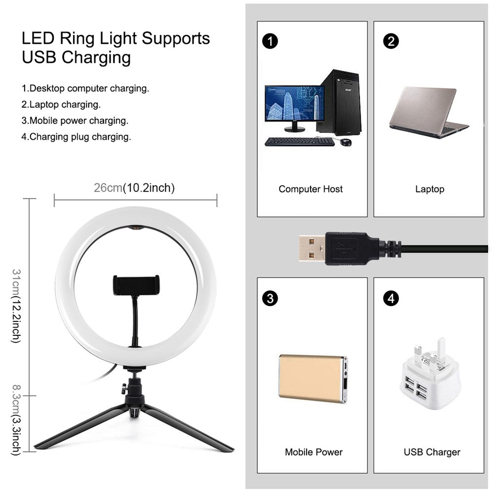 PULUZ LED-Ringlicht – 10-Zoll, mit RGBWW-Beleuchtung + Tischstativhalterung, 168 LEDs, zweifarbig, dimmbar, mit Stativ, Fernbedienung & Smartphone-Halterung
