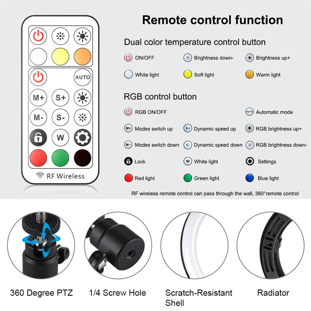 PULUZ LED-Ringlicht – 10-Zoll, mit RGBWW-Beleuchtung + Tischstativhalterung, 168 LEDs, zweifarbig, dimmbar, mit Stativ, Fernbedienung & Smartphone-Halterung