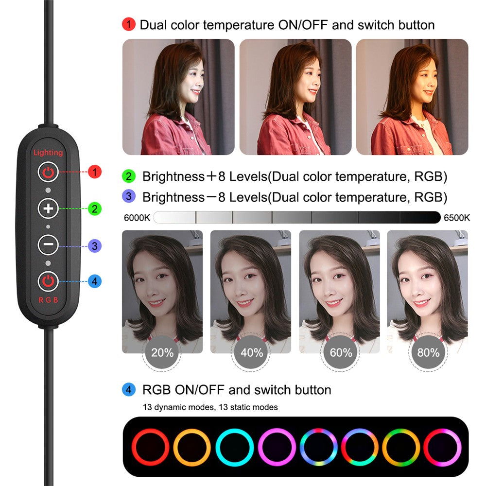 PULUZ LED-Ringlicht – 10-Zoll, mit RGBWW-Beleuchtung + Tischstativhalterung, 168 LEDs, zweifarbig, dimmbar, mit Stativ, Fernbedienung & Smartphone-Halterung