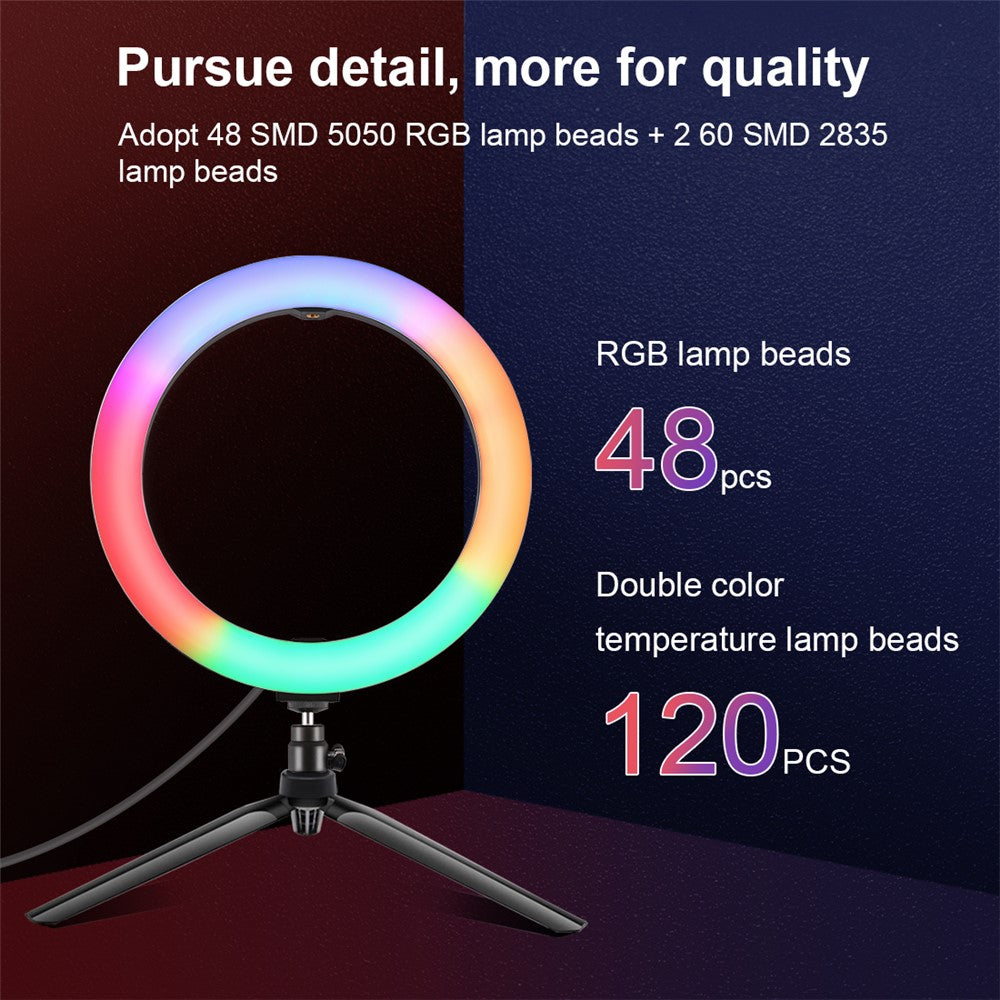 PULUZ LED-Ringlicht – 10-Zoll, mit RGBWW-Beleuchtung + Tischstativhalterung, 168 LEDs, zweifarbig, dimmbar, mit Stativ, Fernbedienung & Smartphone-Halterung
