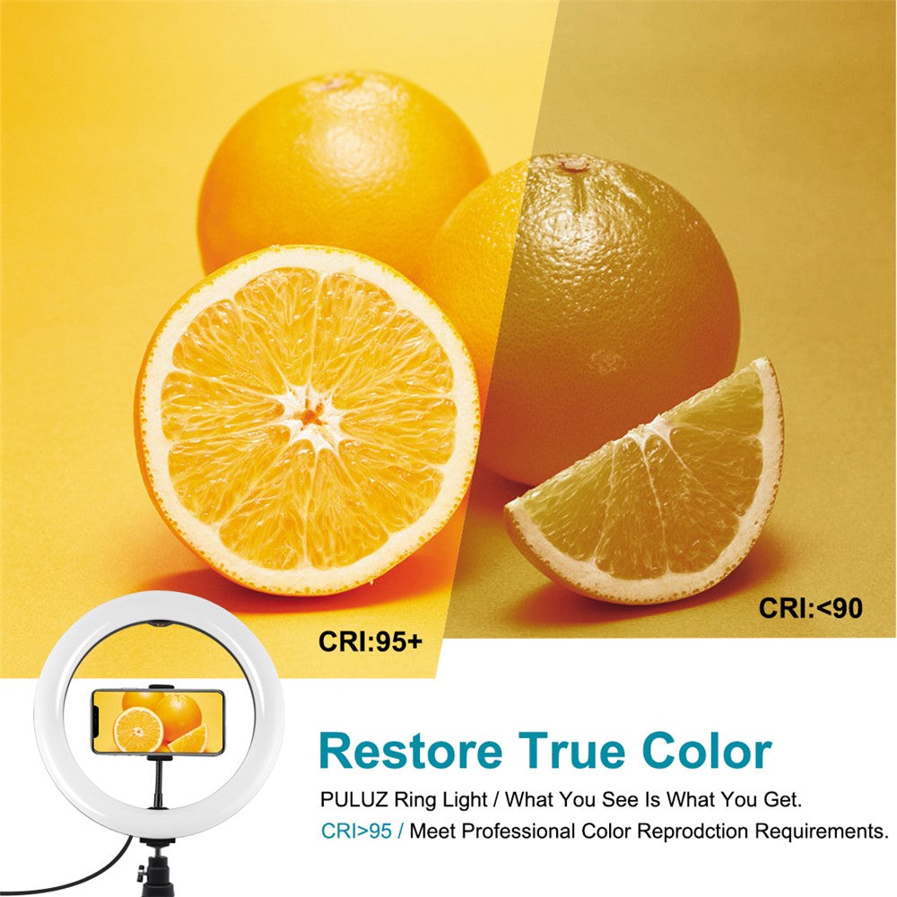 PULUZ LED-Ringlicht – 10-Zoll, mit RGBWW-Beleuchtung + Tischstativhalterung, 168 LEDs, zweifarbig, dimmbar, mit Stativ, Fernbedienung & Smartphone-Halterung