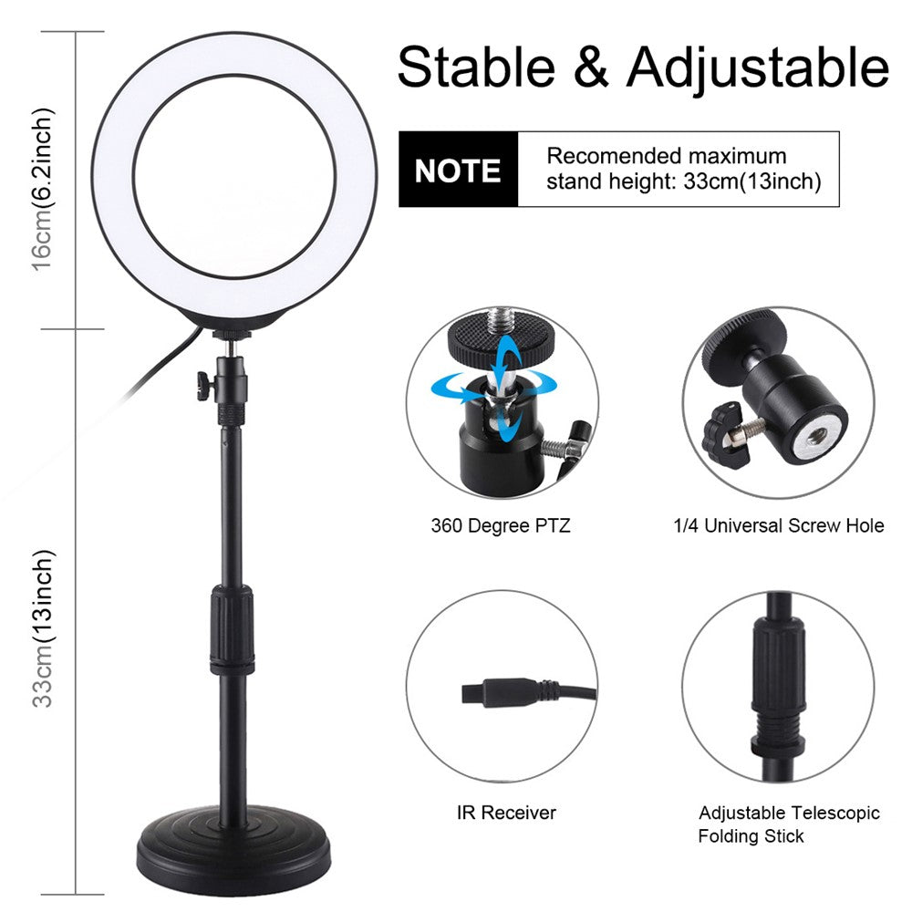 PULUZ PKT3074B RGBW-Leuchte + Tischhalterung – 6,2-Zoll, USB-dimmbar, mit Fernbedienung