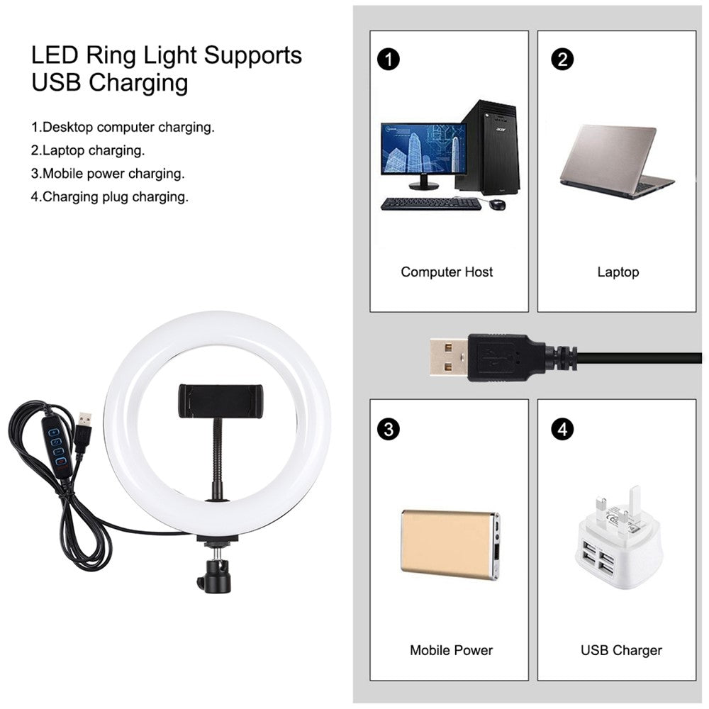 PULUZ PKT3078B LED-Ringleuchte mit Tischhalterung – 7,9-Zoll, dimmbar, mit USB-Anschluss & 2 Farbtemperaturen, inklusive Handyhalterung