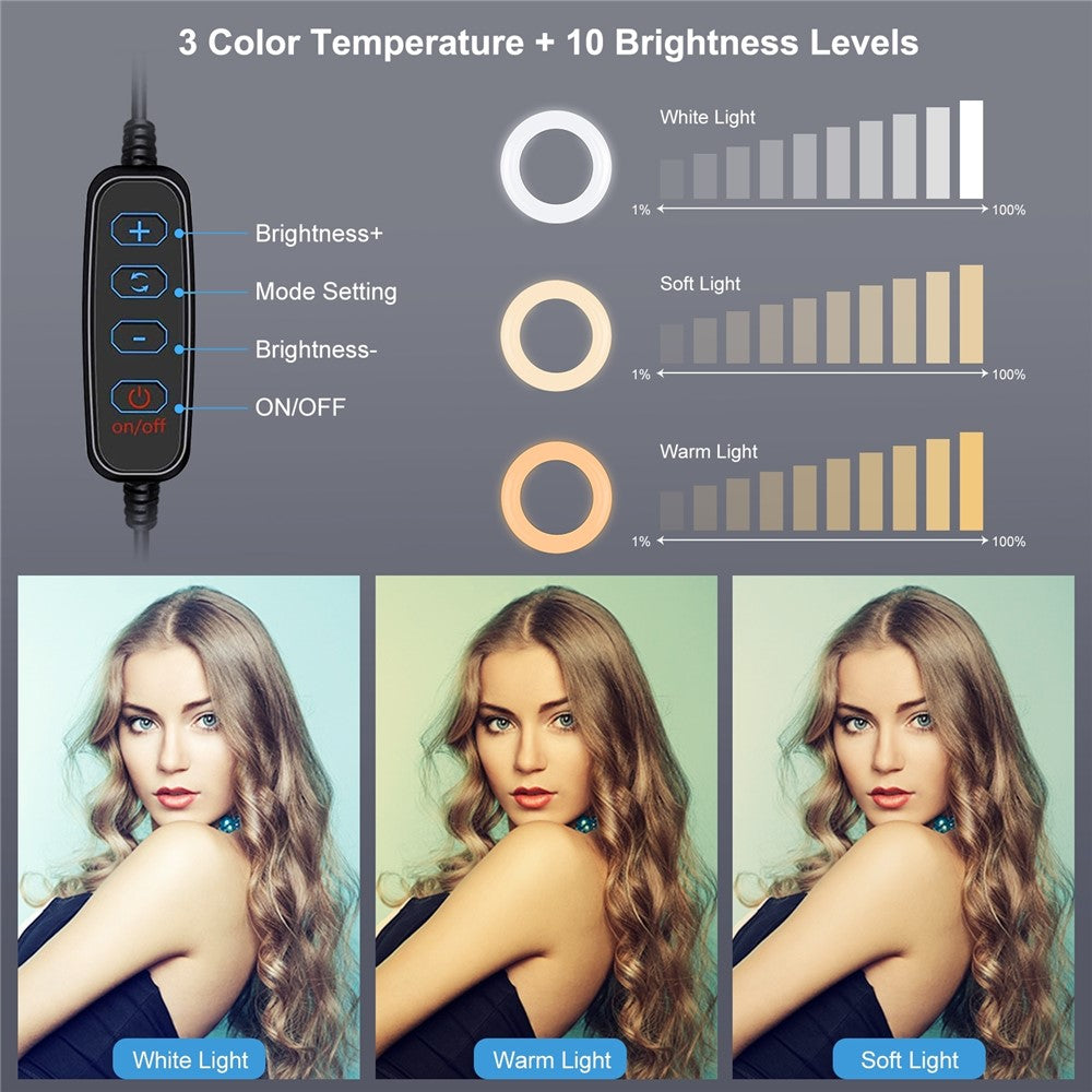 PULUZ PKT3078B LED-Ringleuchte mit Tischhalterung – 7,9-Zoll, dimmbar, mit USB-Anschluss & 2 Farbtemperaturen, inklusive Handyhalterung