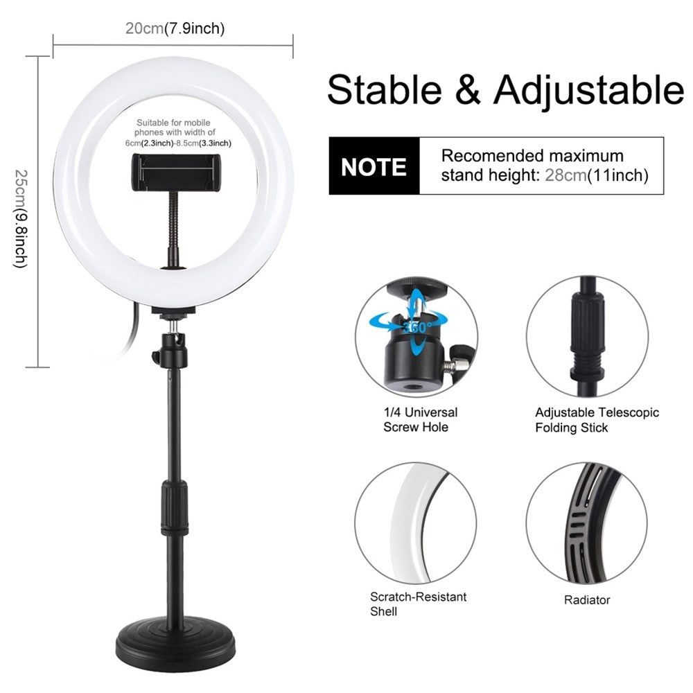 PULUZ PKT3078B LED-Ringleuchte mit Tischhalterung – 7,9-Zoll, dimmbar, mit USB-Anschluss & 2 Farbtemperaturen, inklusive Handyhalterung