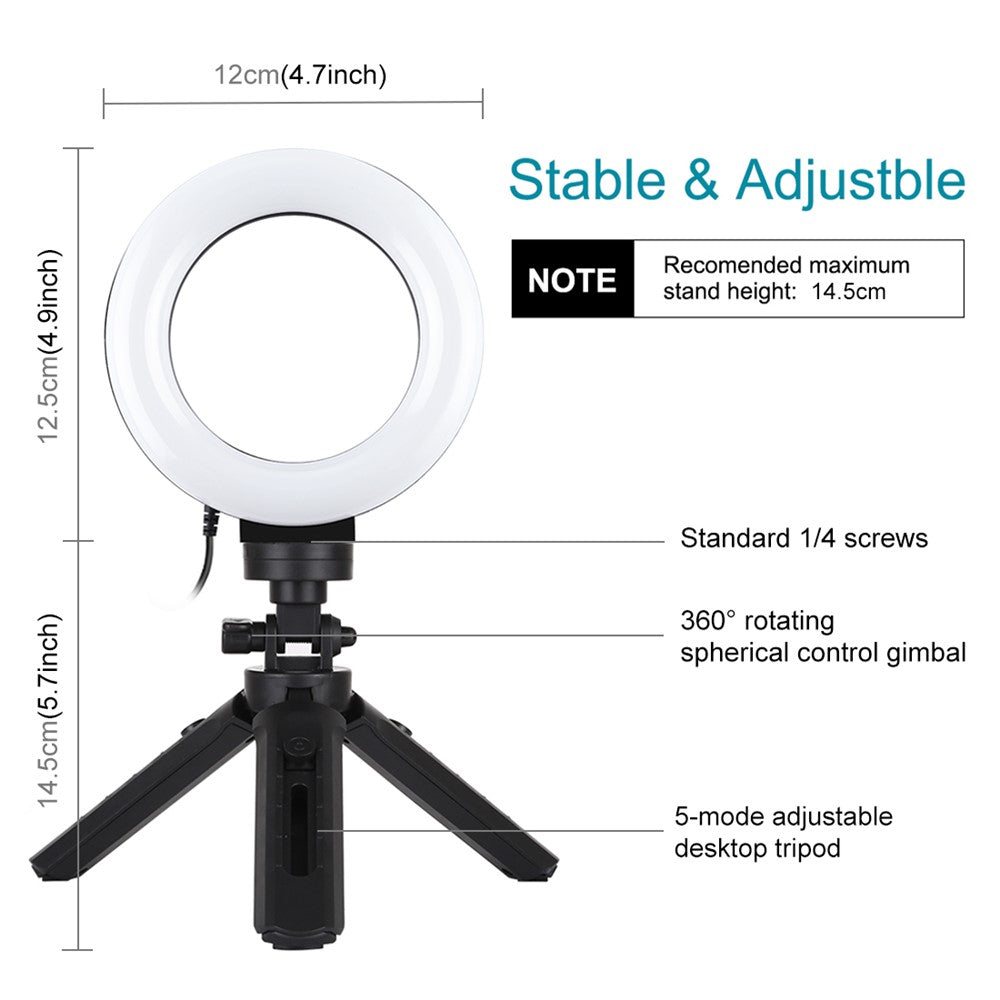 PULUZ PKT3058B LED-Ringlicht mit Tischhalterung – 4,7-Zoll, mit USB-Anschluss, 3 Modi, dimmbar, für Vlogging & Fotografie