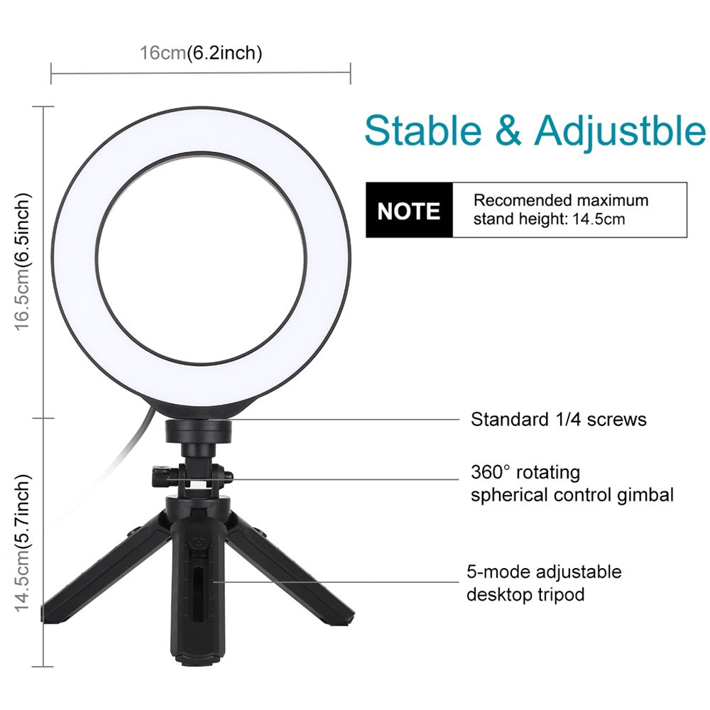PULUZ PKT3059B LED-Ringlicht mit Tischhalterung – 6,2-Zoll, mit USB-Anschluss, 3 Modi, dimmbar, für Vlogging & Fotografie