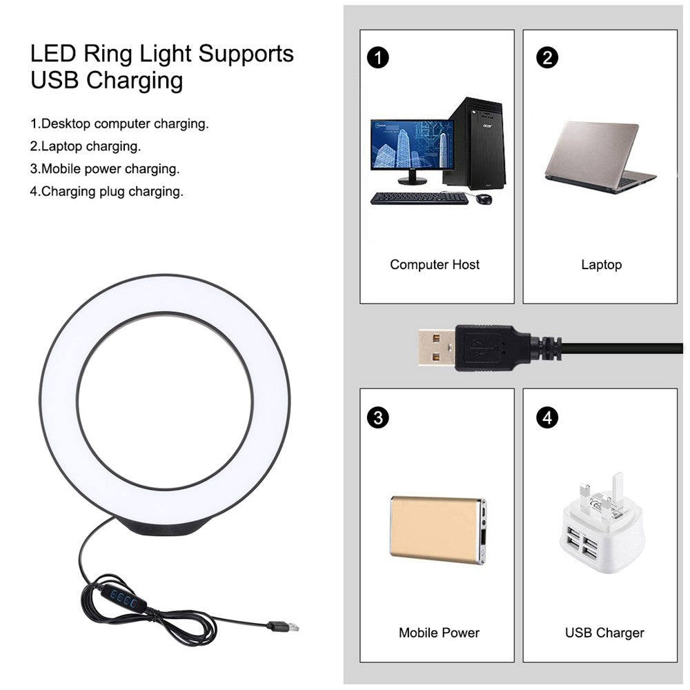PULUZ PKT3059B LED-Ringlicht mit Tischhalterung – 6,2-Zoll, mit USB-Anschluss, 3 Modi, dimmbar, für Vlogging & Fotografie