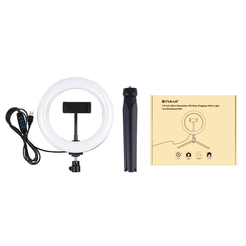PULUZ PKT3073B Ringlicht + Tischhalterung – 7,9 Zoll, USB, 3 Modi, dimmbar, 2 Farbtemperaturen, für Vlogging & Selfie-Fotografie, mit Handyhalterung