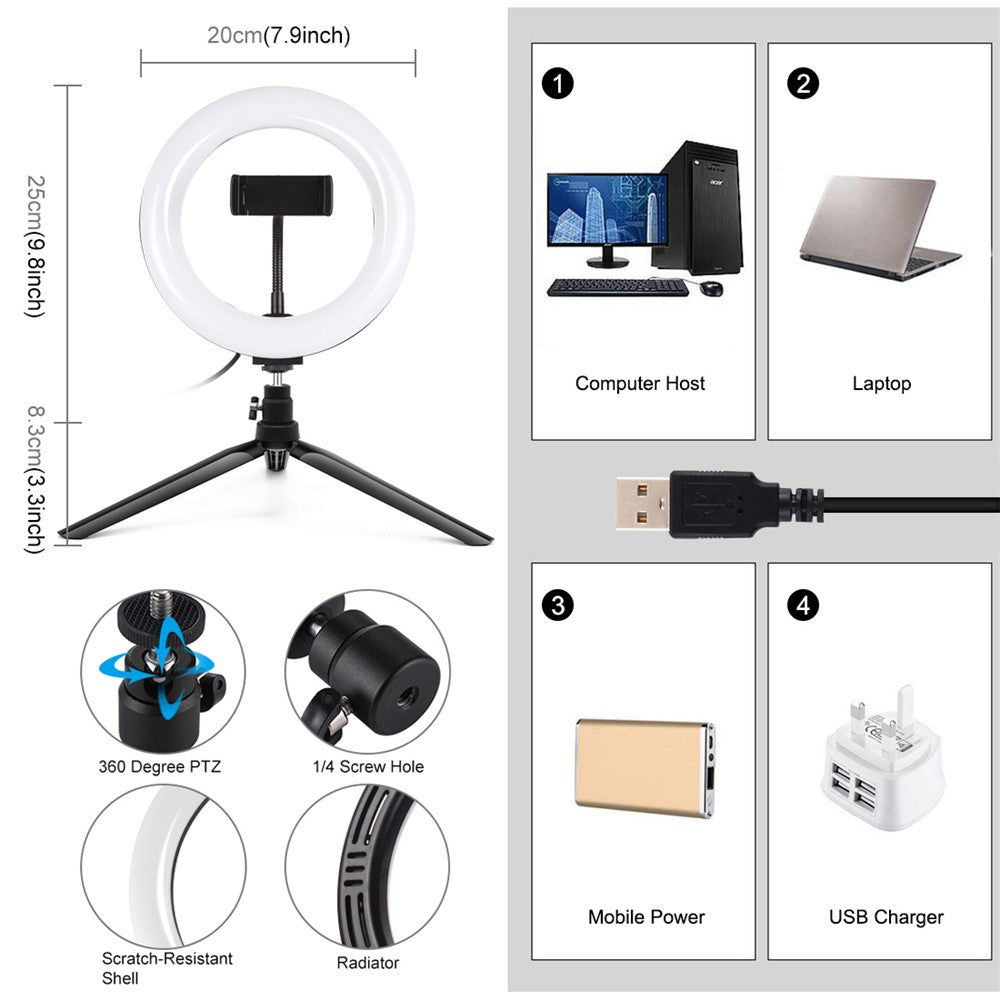 PULUZ PKT3073B Ringlicht + Tischhalterung – 7,9 Zoll, USB, 3 Modi, dimmbar, 2 Farbtemperaturen, für Vlogging & Selfie-Fotografie, mit Handyhalterung